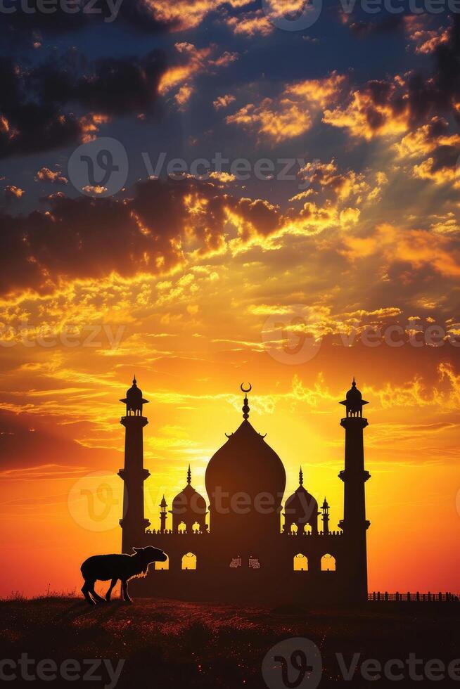 AI generated Silhouette of a lamb or goat With a Majestic Mosque Backdrop During a Breathtaking Sunset. photo