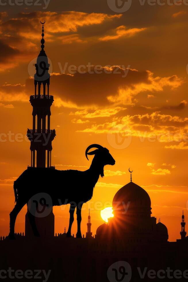 AI generated Silhouette of a lamb or goat With a Majestic Mosque Backdrop During a Breathtaking Sunset. photo