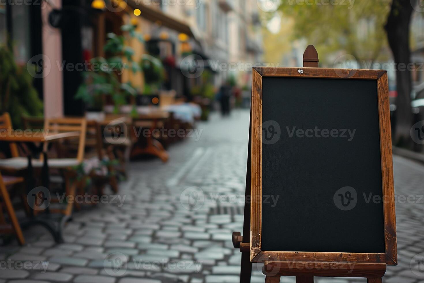 AI generated Empty black board mockups in front of a coffee shop photo