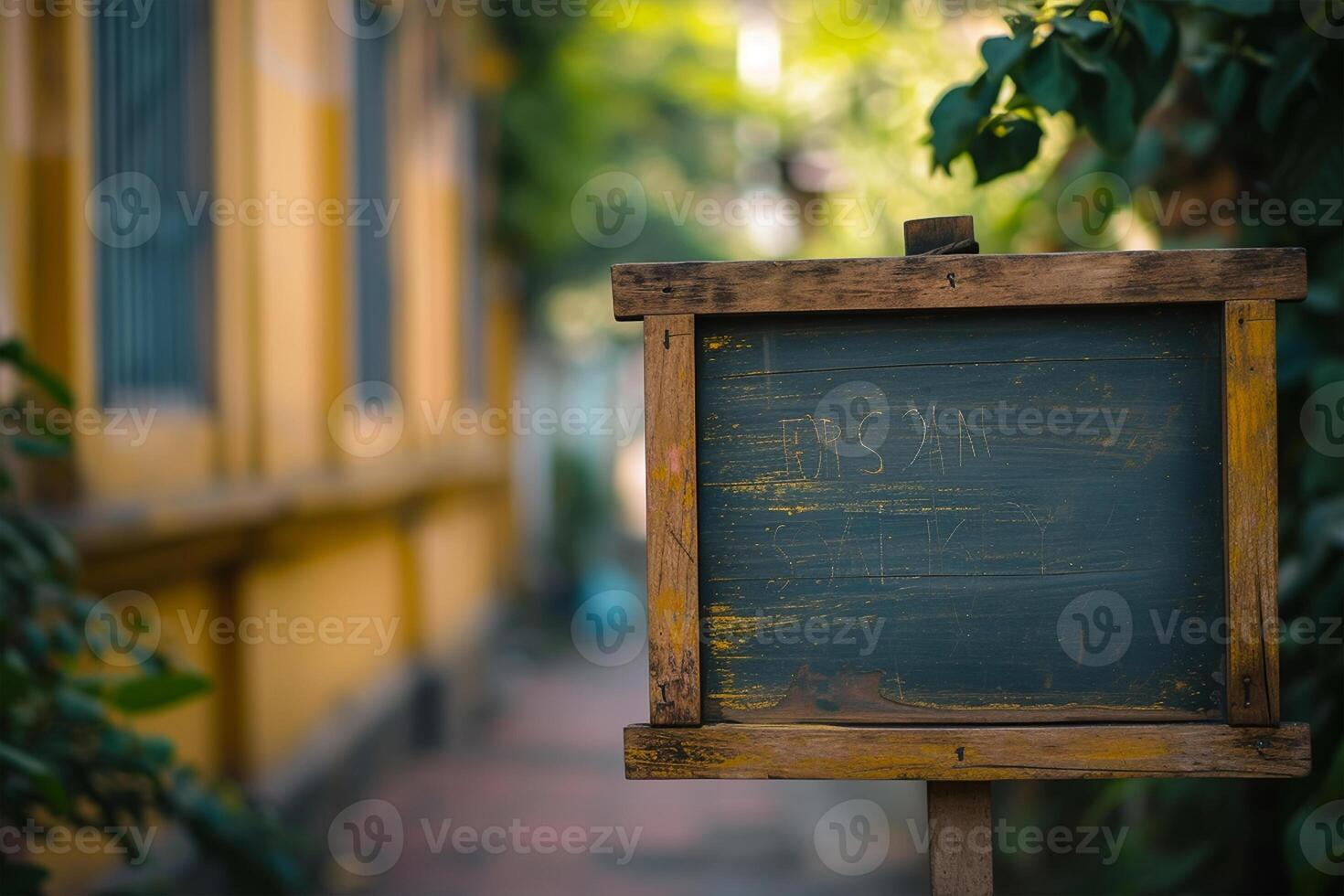 AI generated Empty black board mockups in front of a coffee shop photo