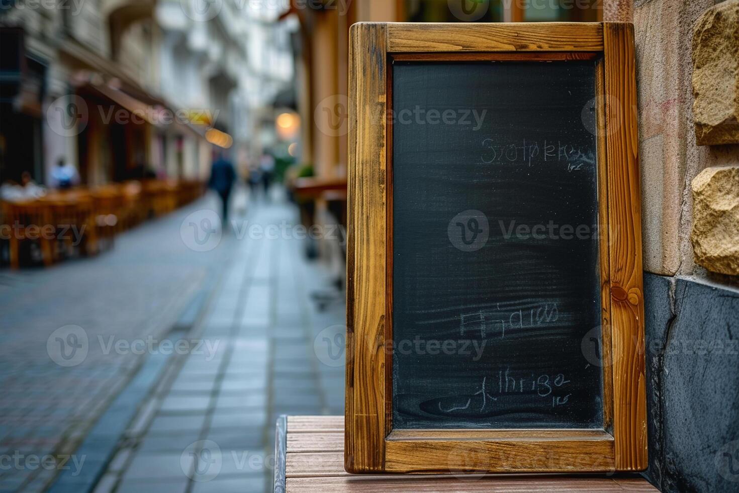 AI generated Empty black board mockups in front of a coffee shop photo