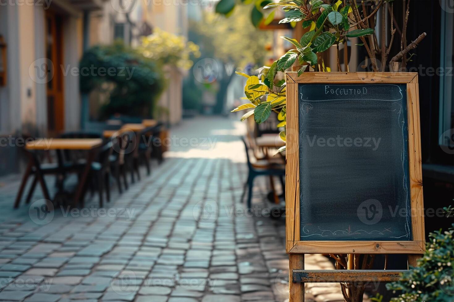 AI generated Empty black board mockups in front of a coffee shop photo