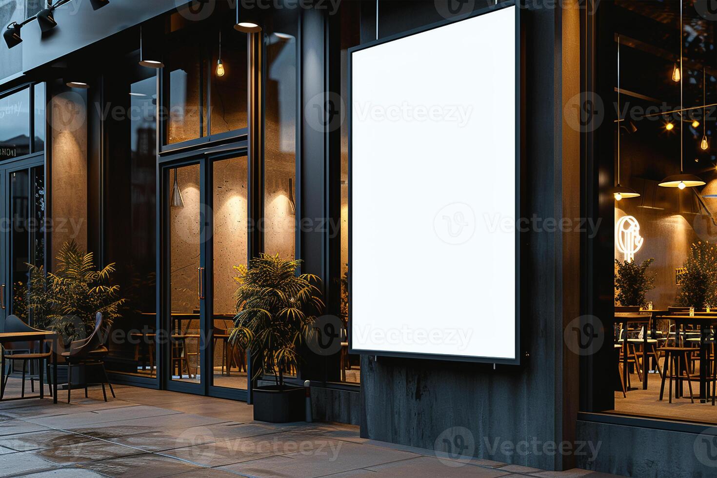 AI generated Empty banner mockups in front of a coffee shop photo