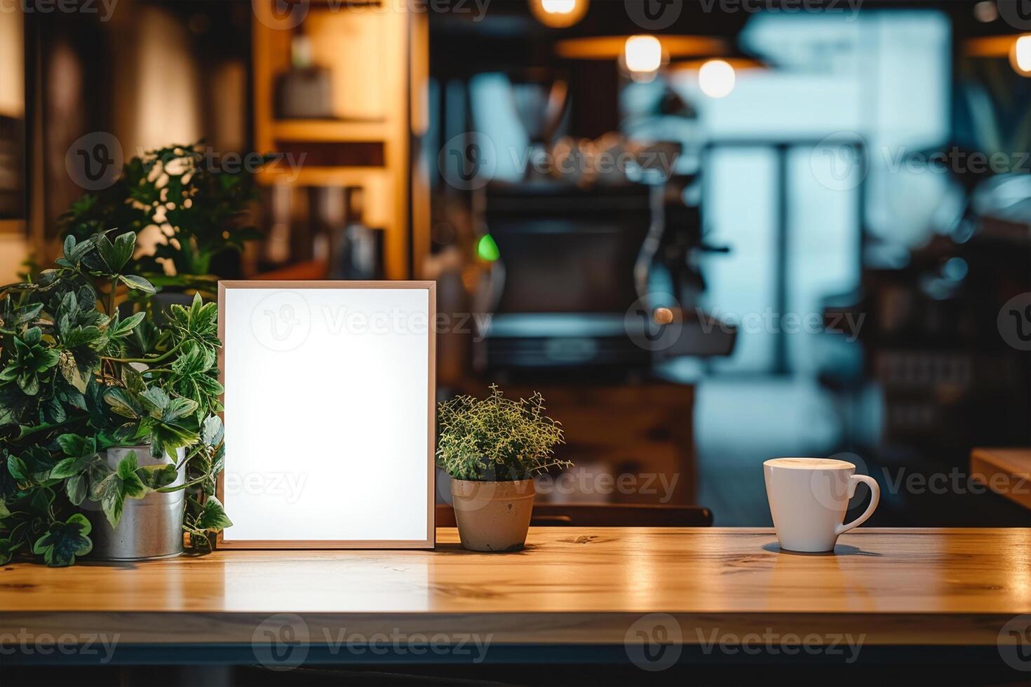 AI generated Blank frame mockups in front of a coffee shop photo