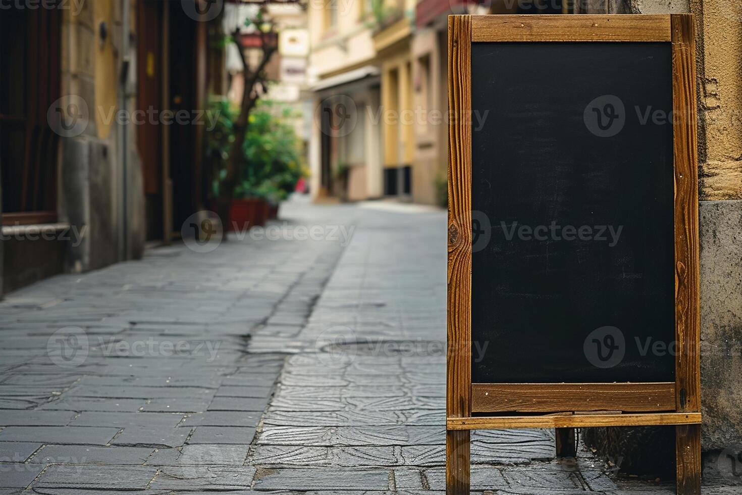 AI generated Empty black board mockups in front of a coffee shop photo