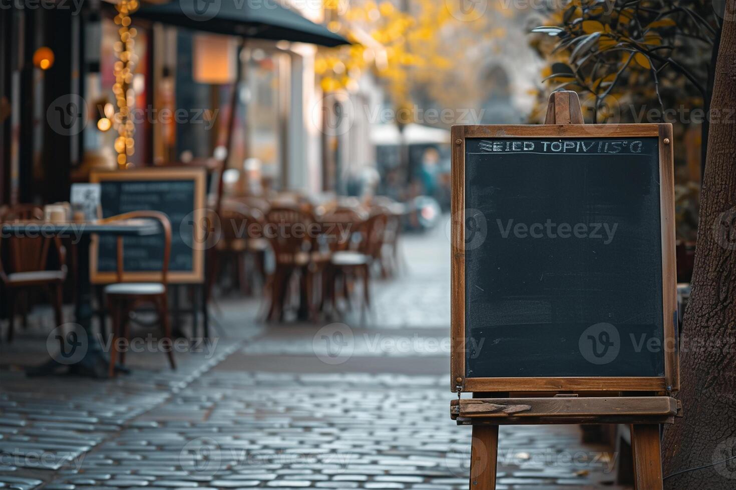 ai generado vacío negro tablero maquetas en frente de un café tienda foto