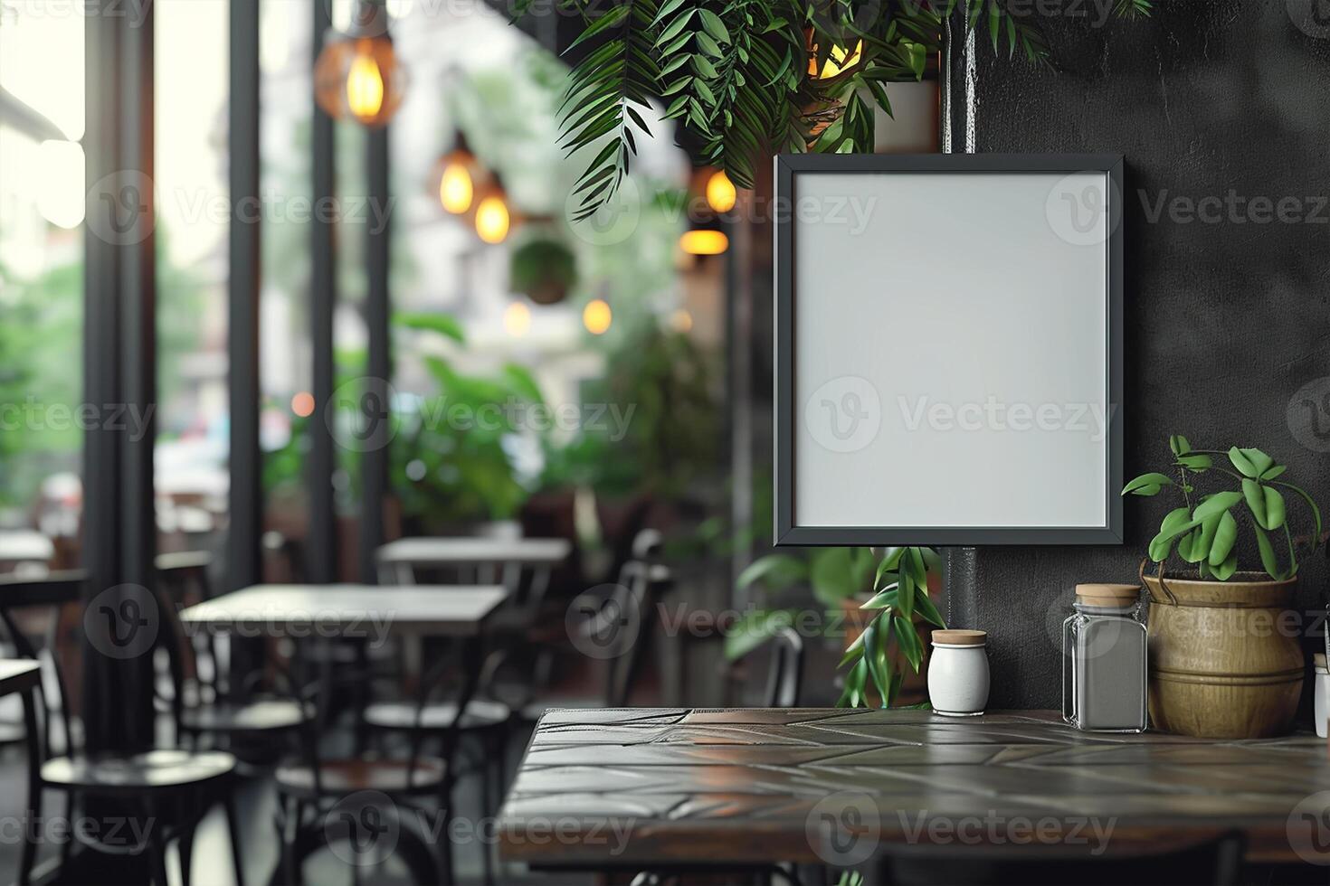 AI generated Empty banner mockups in front of a coffee shop photo