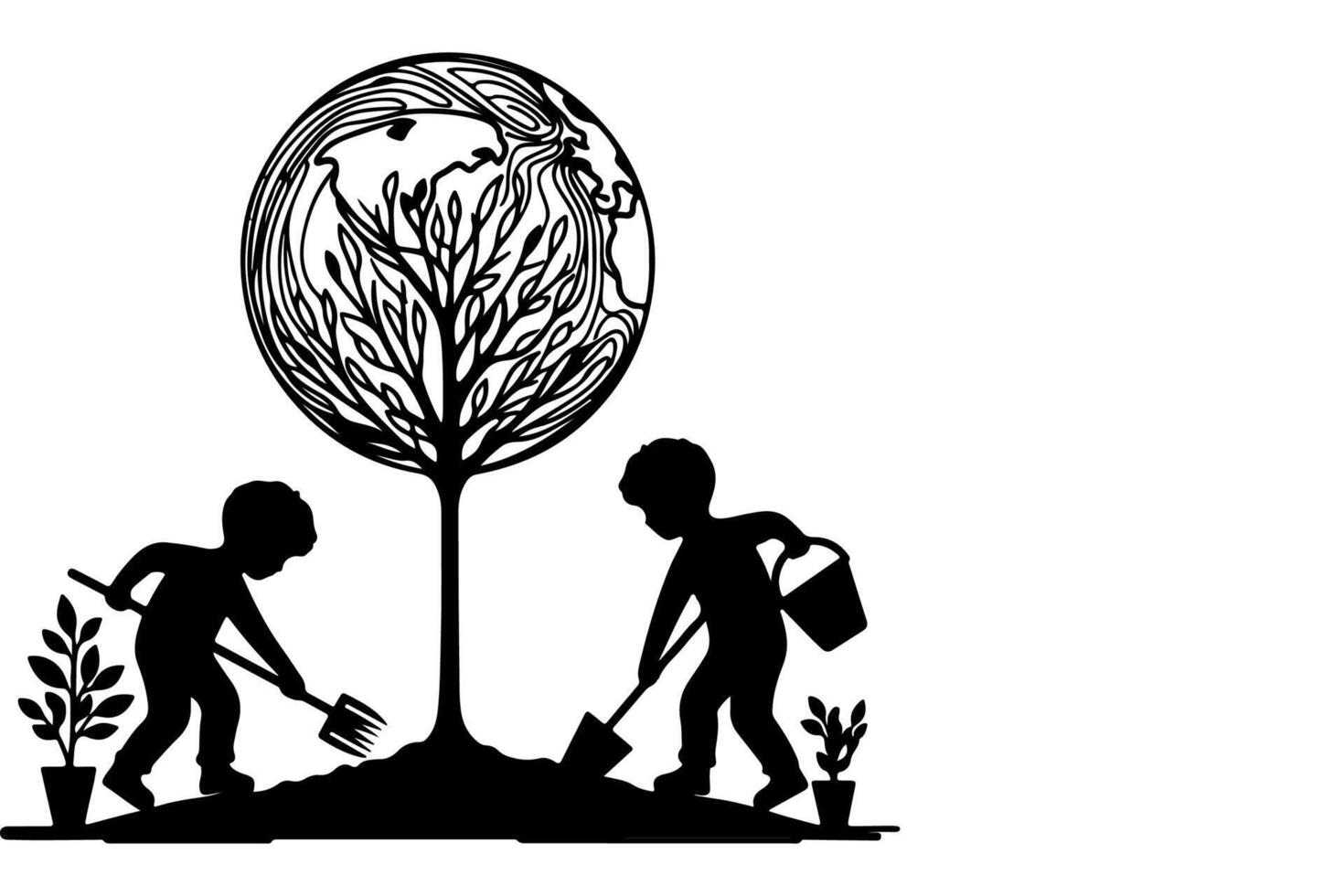 ai generado continuo uno negro línea Arte dibujo niños riego un árbol. plantando árbol a salvar el mundo y tierra día reducir global calentamiento crecimiento concepto vector ilustración en blanco antecedentes