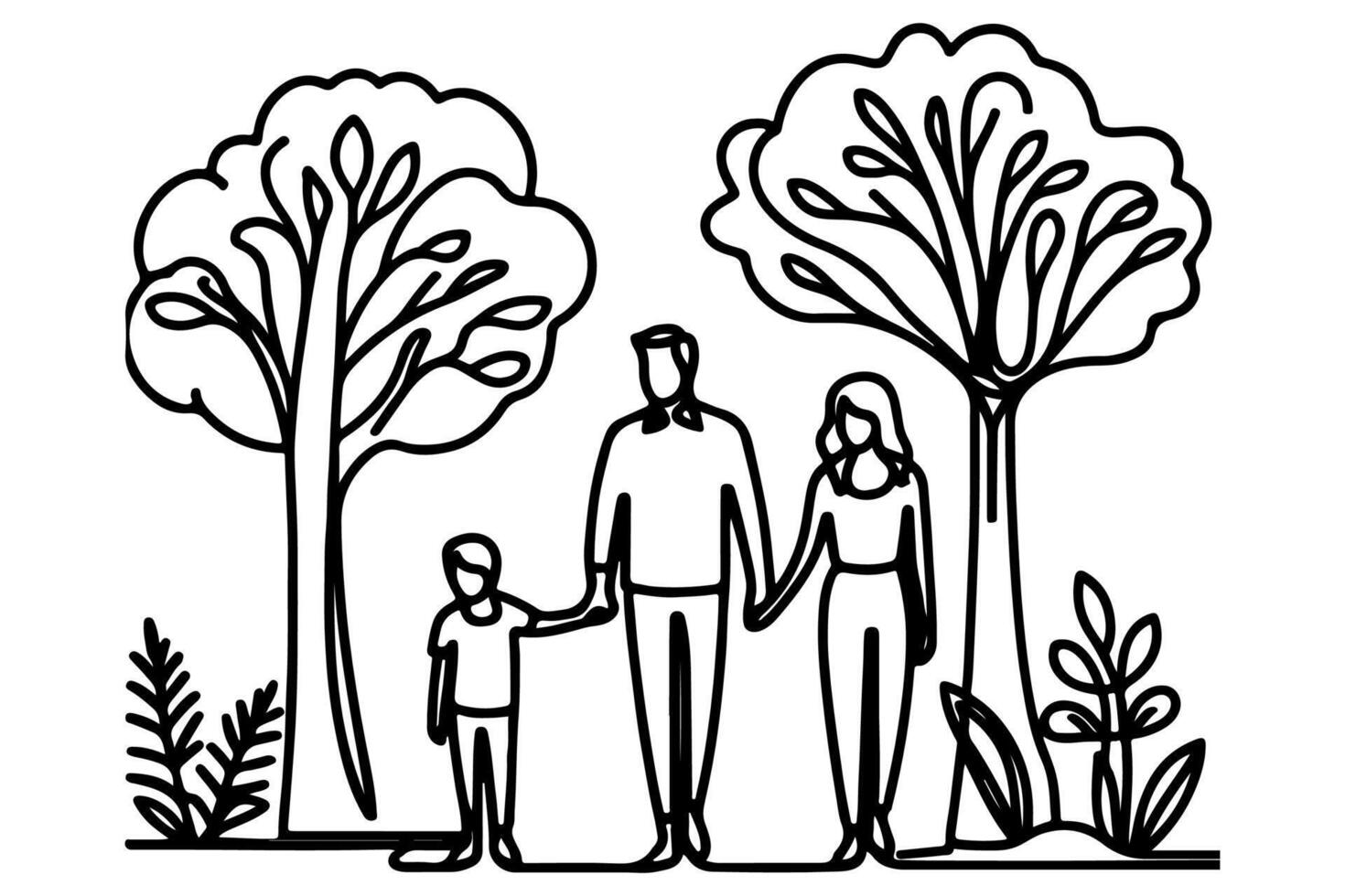 Continuous one black line art drawing Silhouettes of happy family holding the hands with tree vector illustration on white background