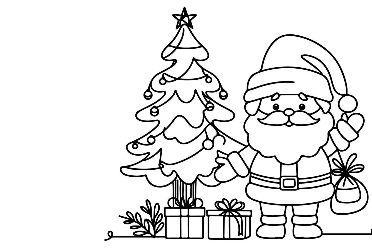 AI generated ne Continuous black line art drawing of Merry Christmas tree. Hand drawn of Santa Claus outline doodle vector illustration