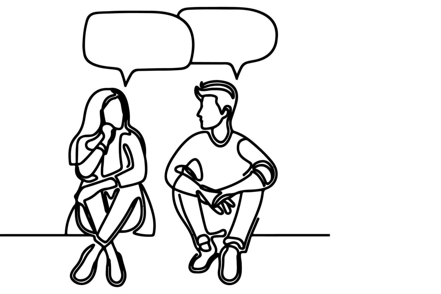 ai generado continuo uno línea dibujo dos joven personas son hablando con habla burbujas contorno garabatear vector ilustración