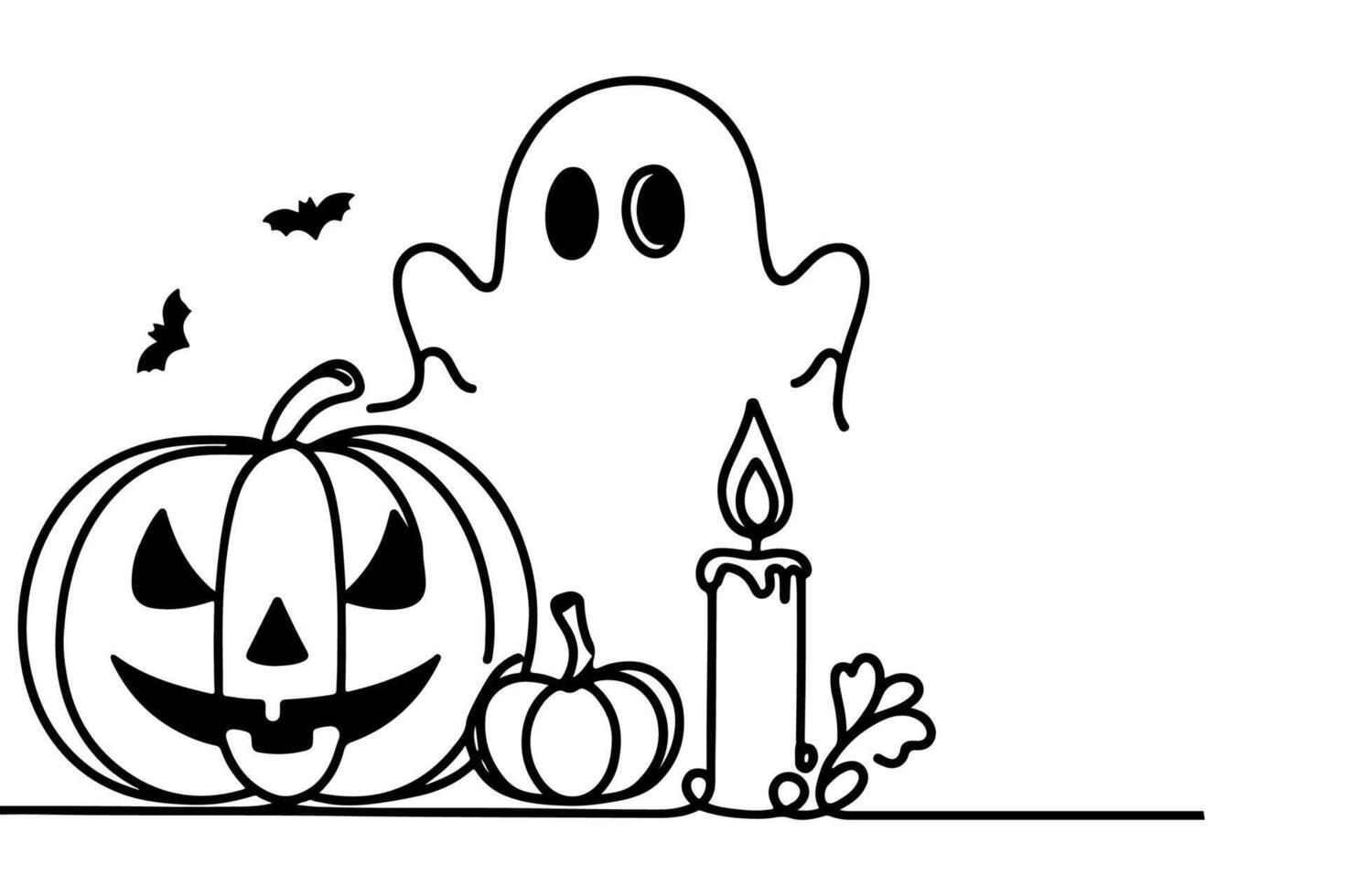 ai generado uno continuo negro línea dibujo de calabaza y fantasma Víspera de Todos los Santos concepto contorno garabatear vector ilustración en blanco antecedentes