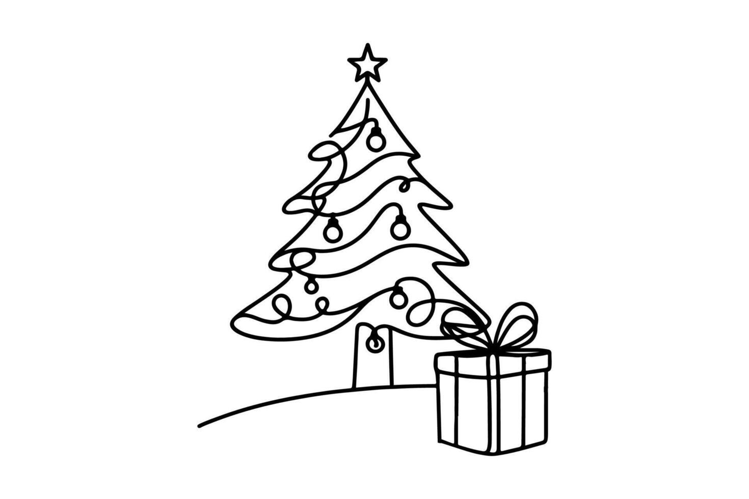 AI generated ne Continuous black line art drawing of Merry Christmas tree. Hand drawn of Santa Claus outline doodle vector illustration