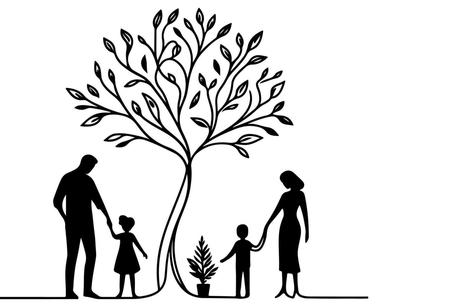 Continuous one black line art drawing Silhouettes of happy family holding the hands with tree vector illustration on white background