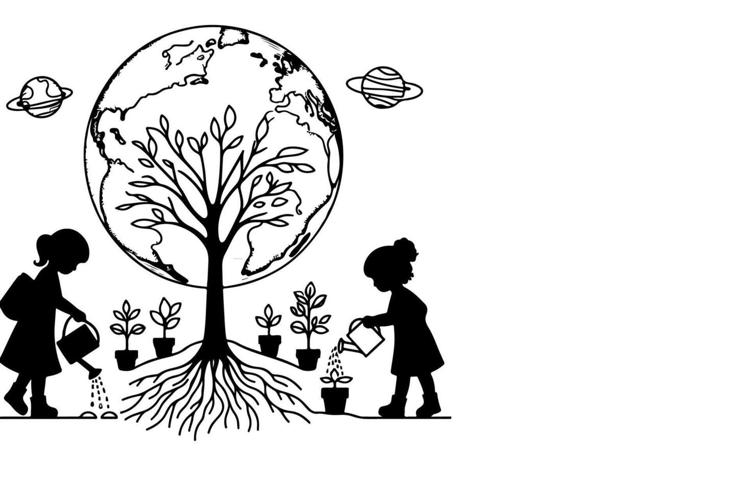 ai generado continuo uno negro línea Arte dibujo niños riego un árbol. plantando árbol a salvar el mundo y tierra día reducir global calentamiento crecimiento concepto vector ilustración en blanco antecedentes