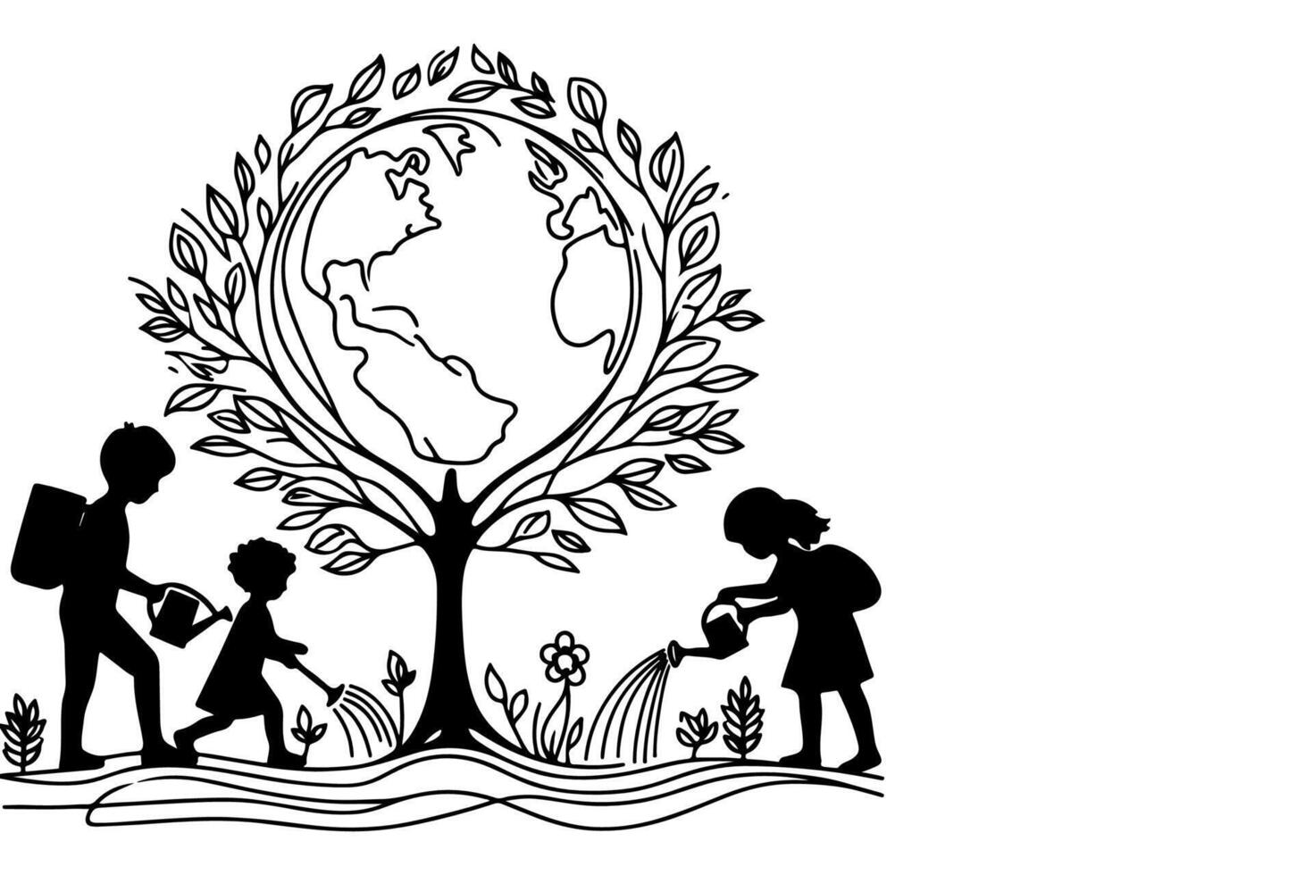 ai generado continuo uno negro línea Arte dibujo niños riego un árbol. plantando árbol a salvar el mundo y tierra día reducir global calentamiento crecimiento concepto vector ilustración en blanco antecedentes