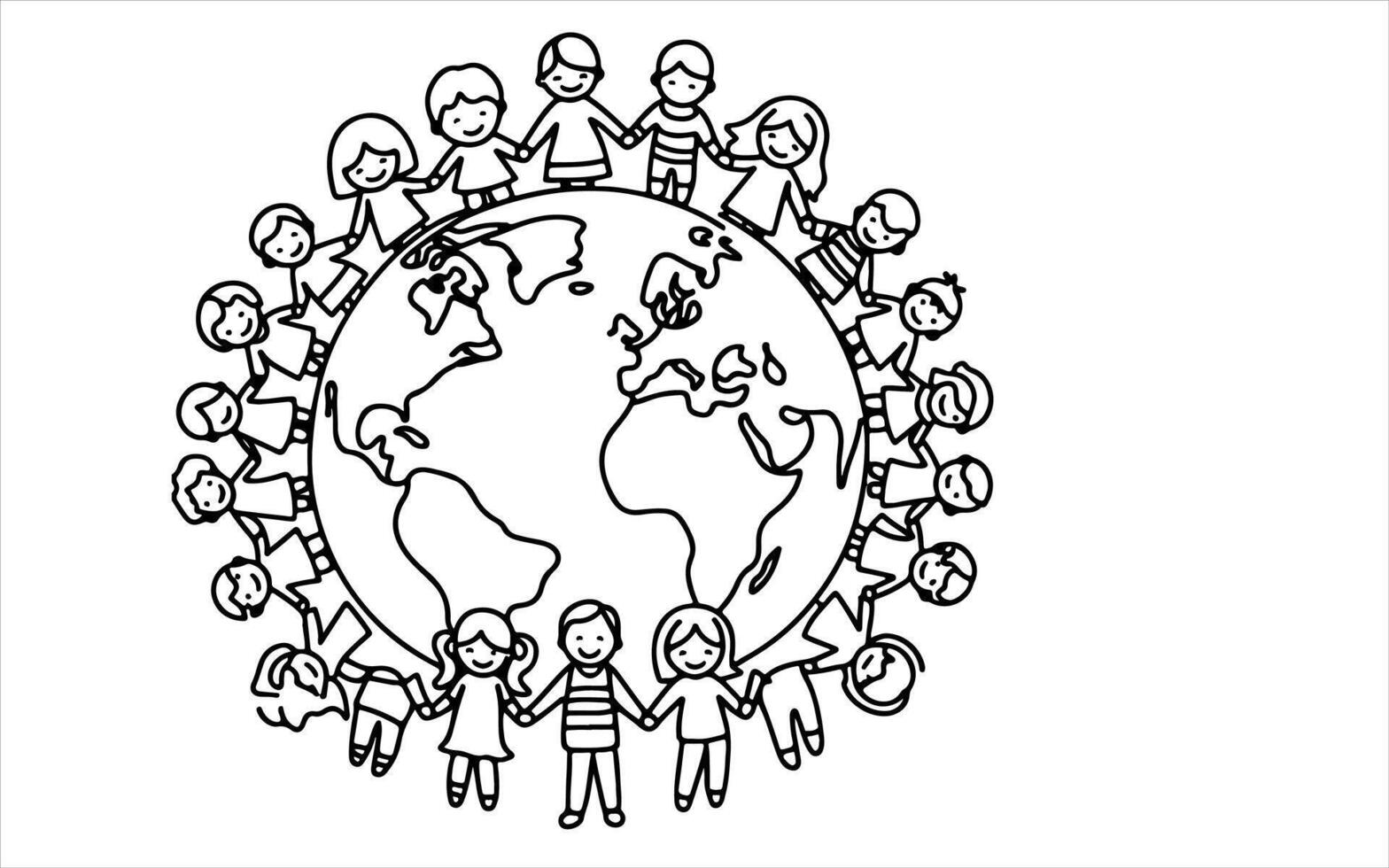 AI generated Continuous one line drawing smiling children holding hands around the world outline doodle linear happy children day concept vector on white