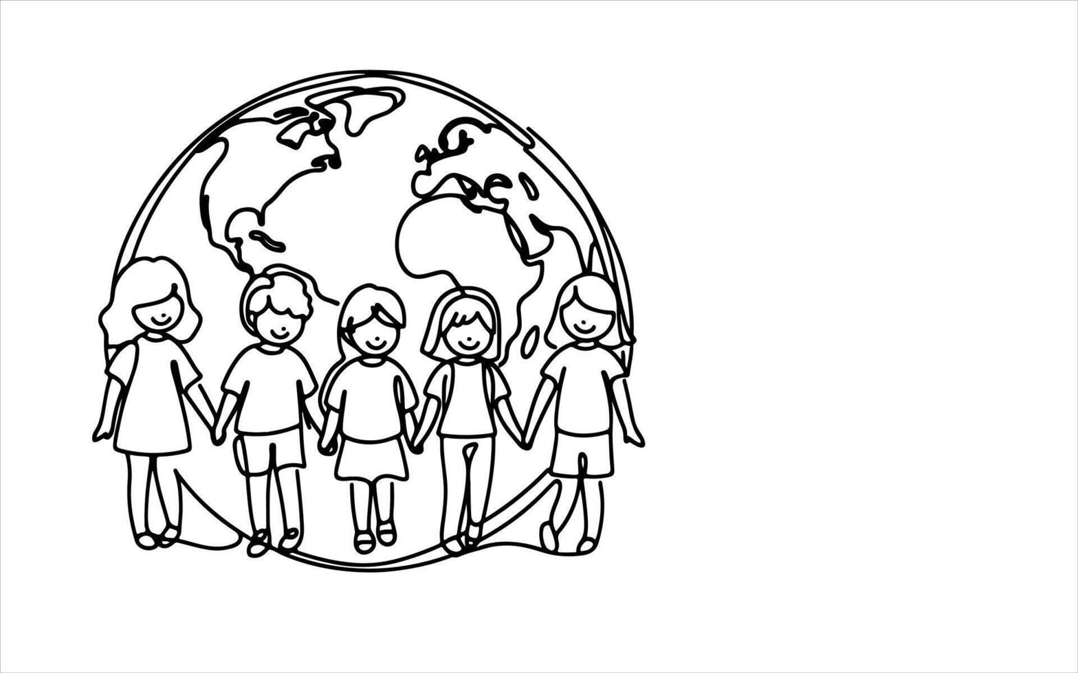 AI generated Continuous one line drawing smiling children holding hands around the world outline doodle linear happy children day concept vector on white