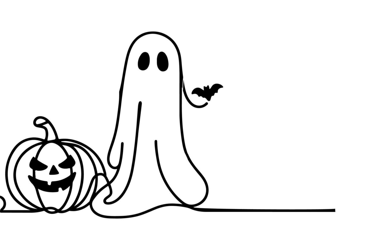AI generated one Continuous black line drawing of pumpkin and ghost Halloween concept outline doodle vector illustration on white background