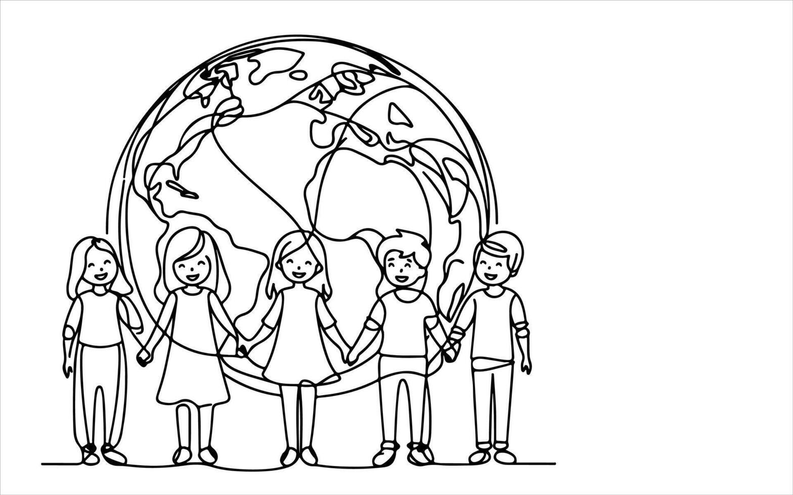 AI generated Continuous one line drawing smiling children holding hands around the world outline doodle linear happy children day concept vector on white