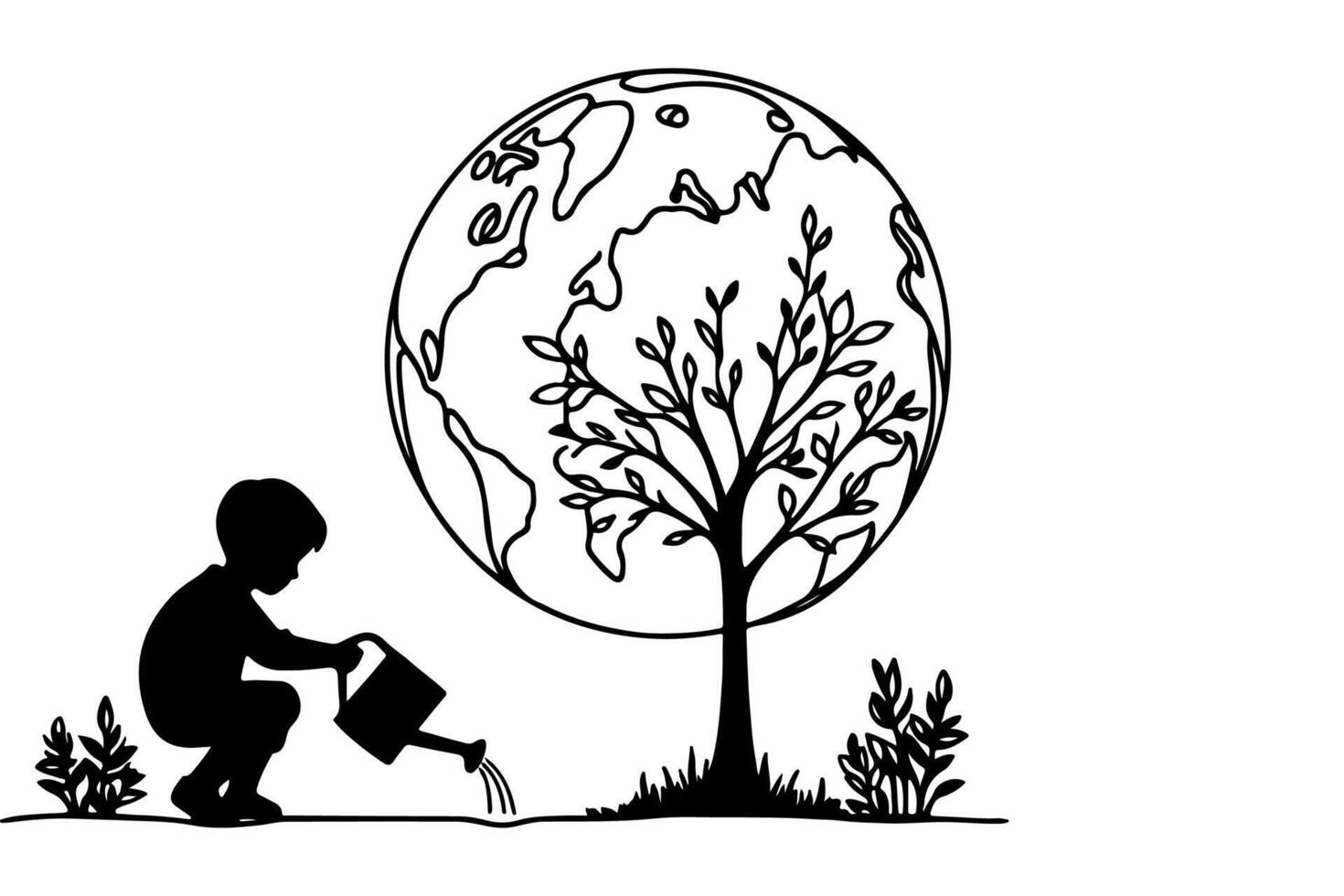 ai generado continuo uno negro línea Arte dibujo niños riego un árbol. plantando árbol a salvar el mundo y tierra día reducir global calentamiento crecimiento concepto vector ilustración en blanco antecedentes