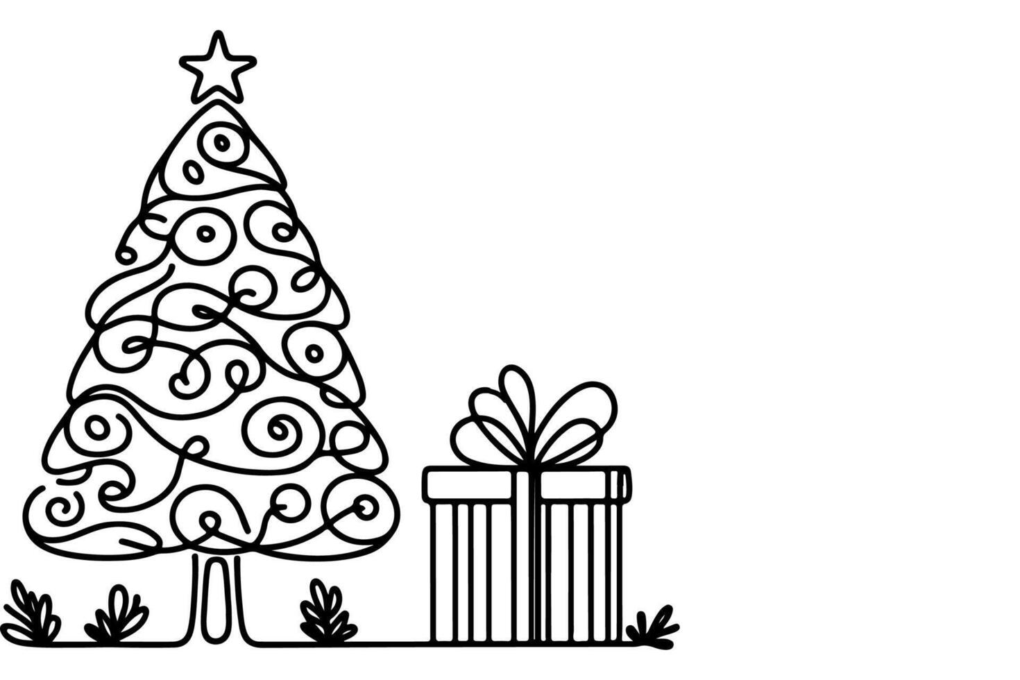 AI generated ne Continuous black line art drawing of Merry Christmas tree. Hand drawn of Santa Claus outline doodle vector illustration