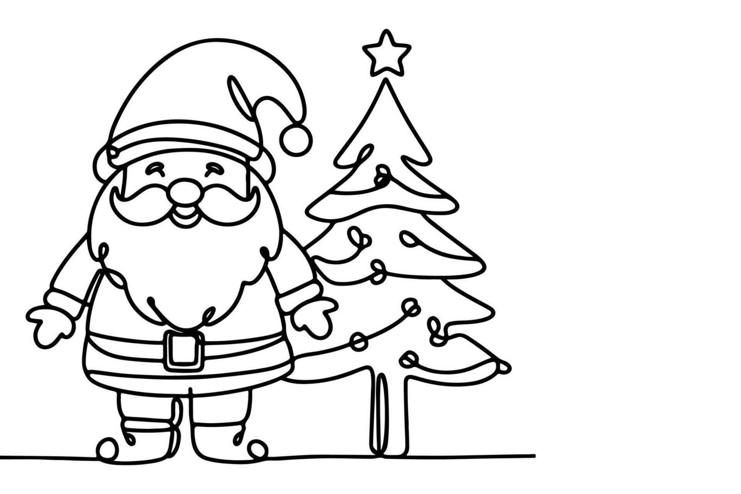 AI generated ne Continuous black line art drawing of Merry Christmas tree. Hand drawn of Santa Claus outline doodle vector illustration