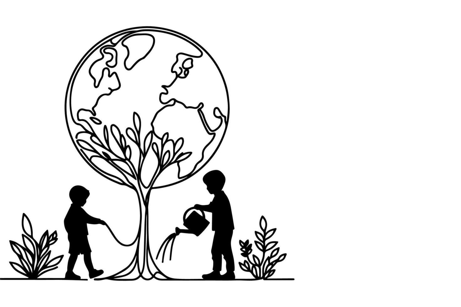 ai generado continuo uno negro línea Arte dibujo niños riego un árbol. plantando árbol a salvar el mundo y tierra día reducir global calentamiento crecimiento concepto vector ilustración en blanco antecedentes