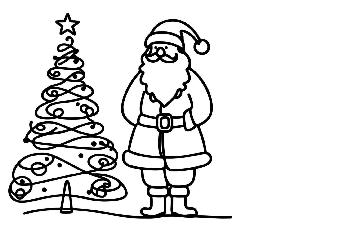 AI generated ne Continuous black line art drawing of Merry Christmas tree. Hand drawn of Santa Claus outline doodle vector illustration