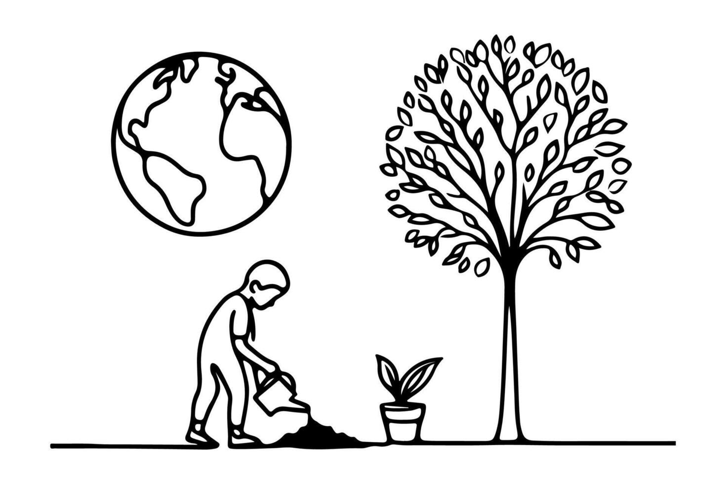 AI generated Continuous one black line art drawing children watering a tree. planting tree to save the world and earth day reduce global warming growth concept vector illustration on white background