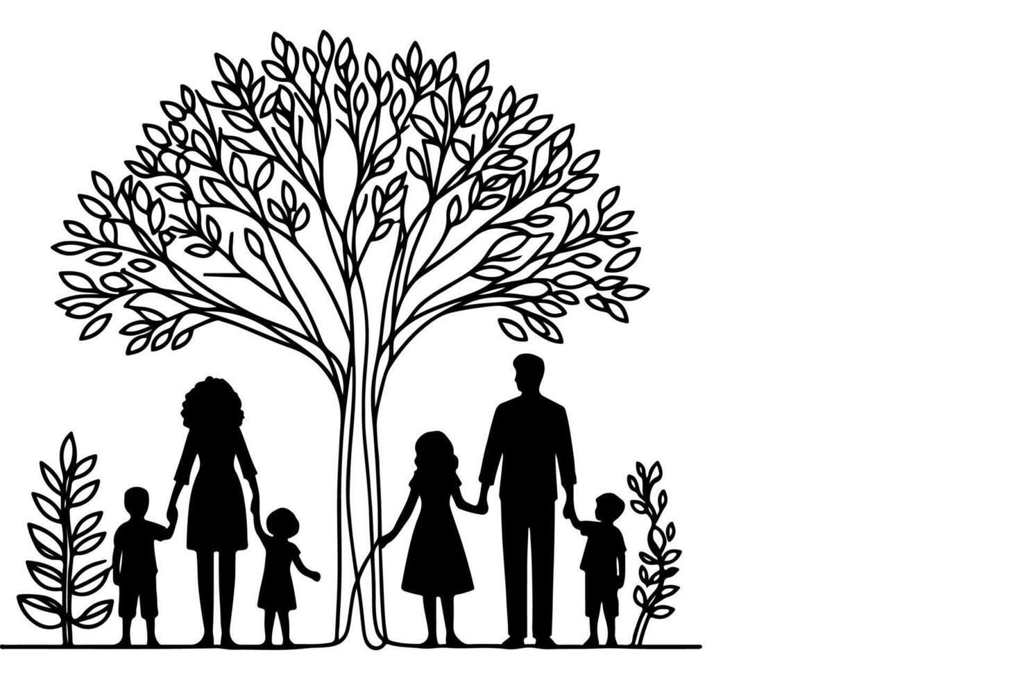 ai generado continuo uno negro línea Arte dibujo siluetas de contento familia participación el manos con árbol vector ilustración en blanco antecedentes