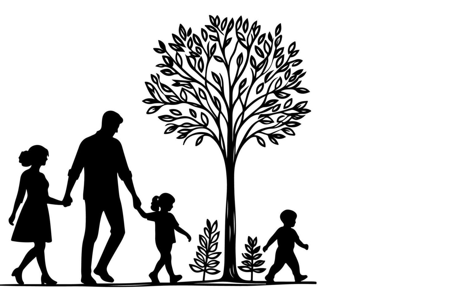 AI generated Continuous one black line art drawing Silhouettes of happy family holding the hands with tree vector illustration on white background