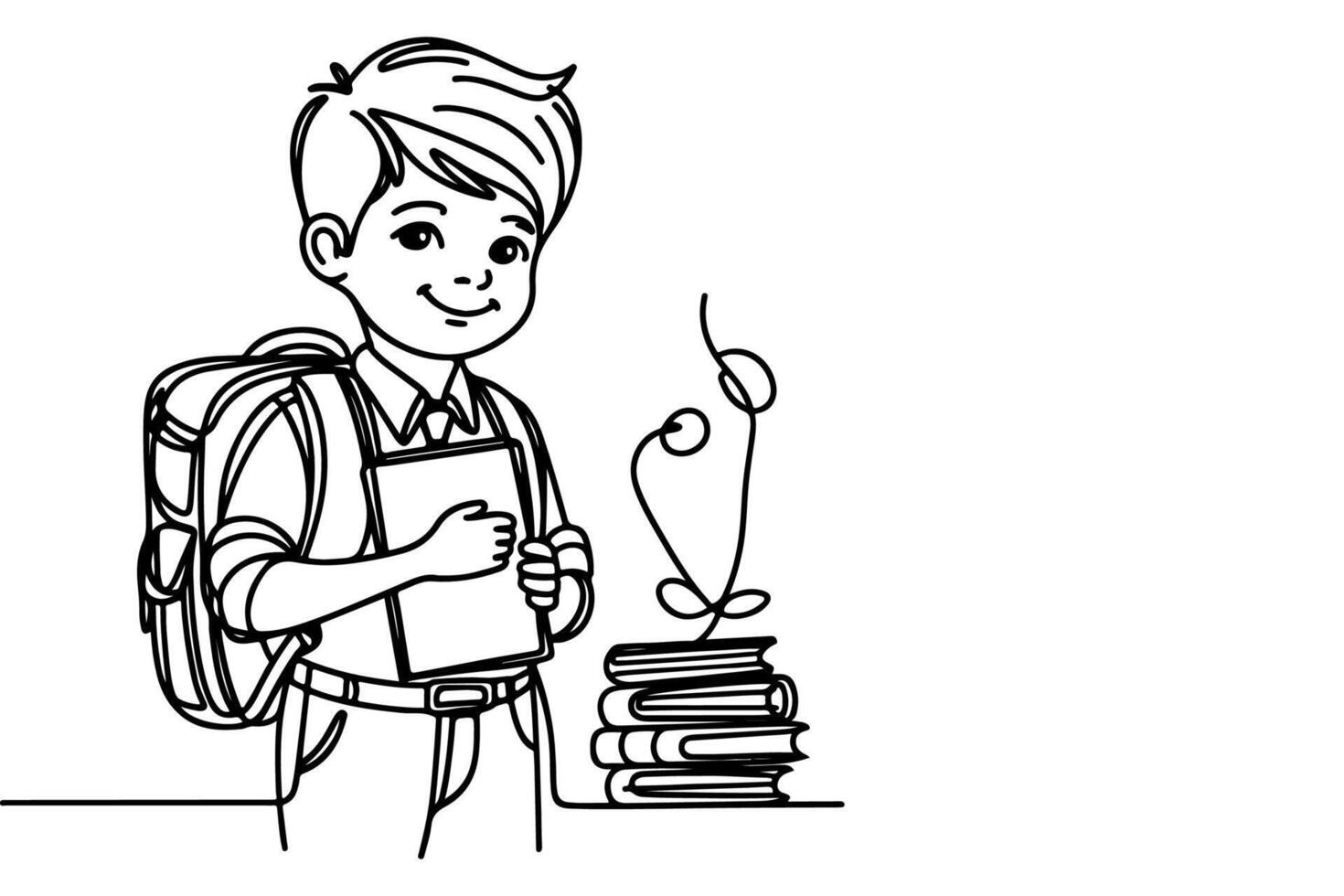 AI generated one continuous black line drawing young school boy back to school concept outline doodle vector illustration