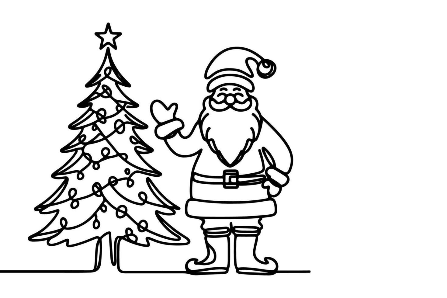 AI generated ne Continuous black line art drawing of Merry Christmas tree. Hand drawn of Santa Claus outline doodle vector illustration