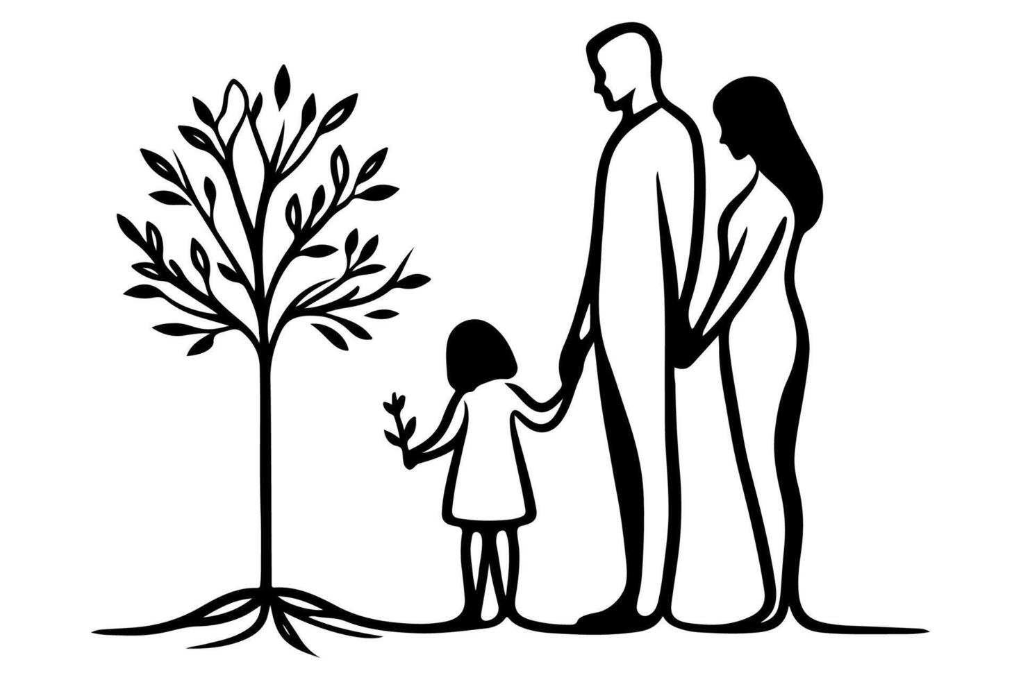 Continuous one black line art drawing Silhouettes of happy family holding the hands with tree vector illustration on white background