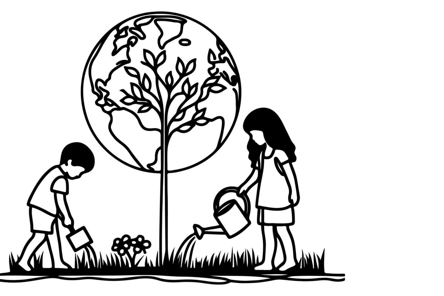 ai generado continuo uno negro línea Arte dibujo niños riego un árbol. plantando árbol a salvar el mundo y tierra día reducir global calentamiento crecimiento concepto vector ilustración en blanco antecedentes
