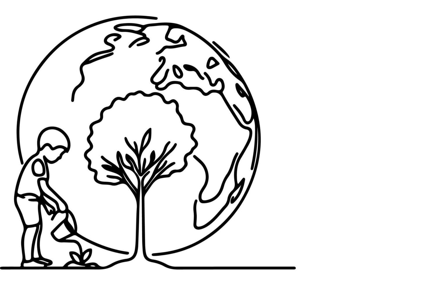 AI generated Continuous one black line art drawing children watering a tree. planting tree to save the world and earth day reduce global warming growth concept vector illustration on white background