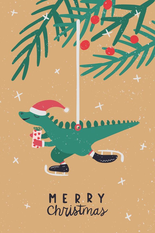 Vintage Christmas greeting card with dinosaur toy. vector