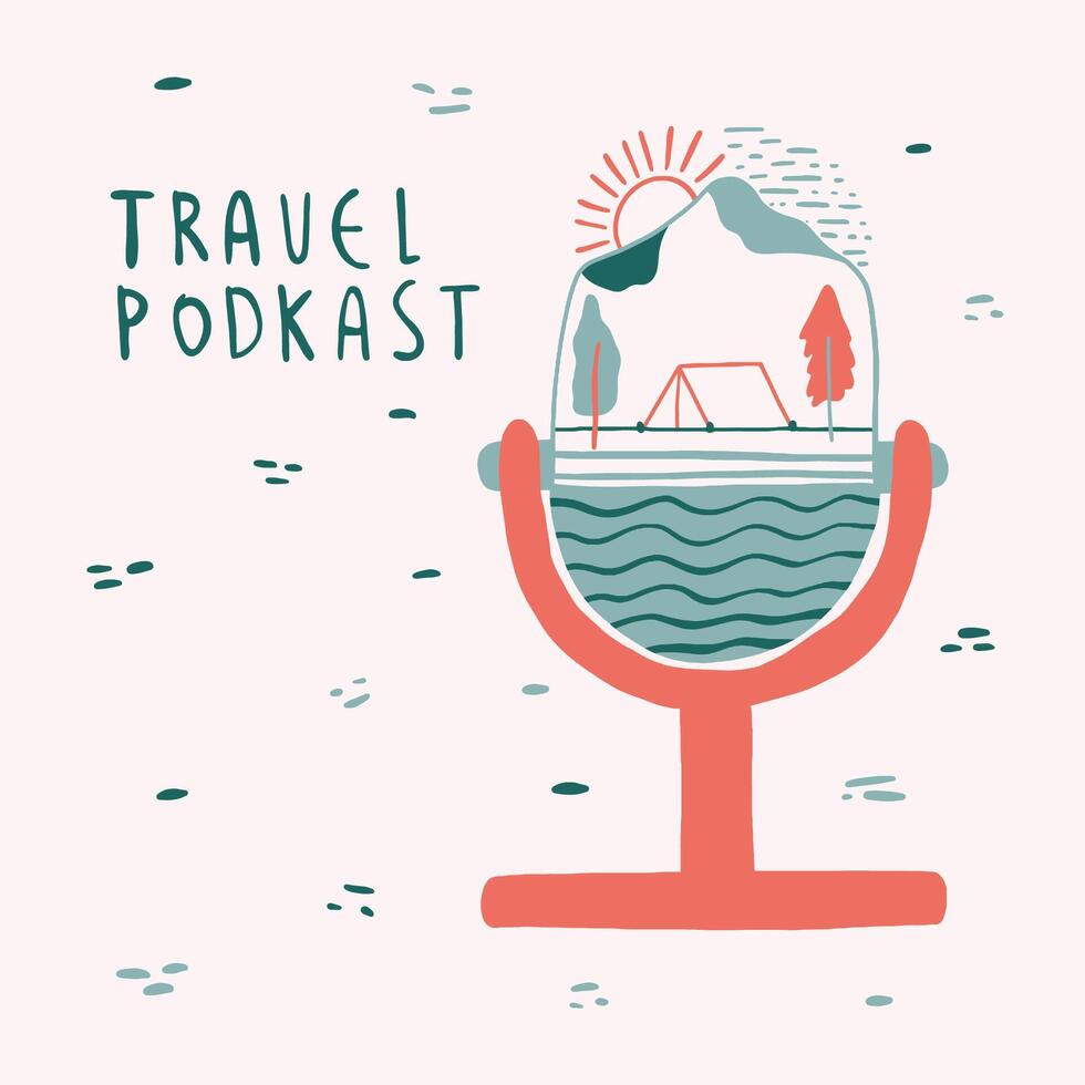viaje podcast logo diseño. minimalista micrófono. vector