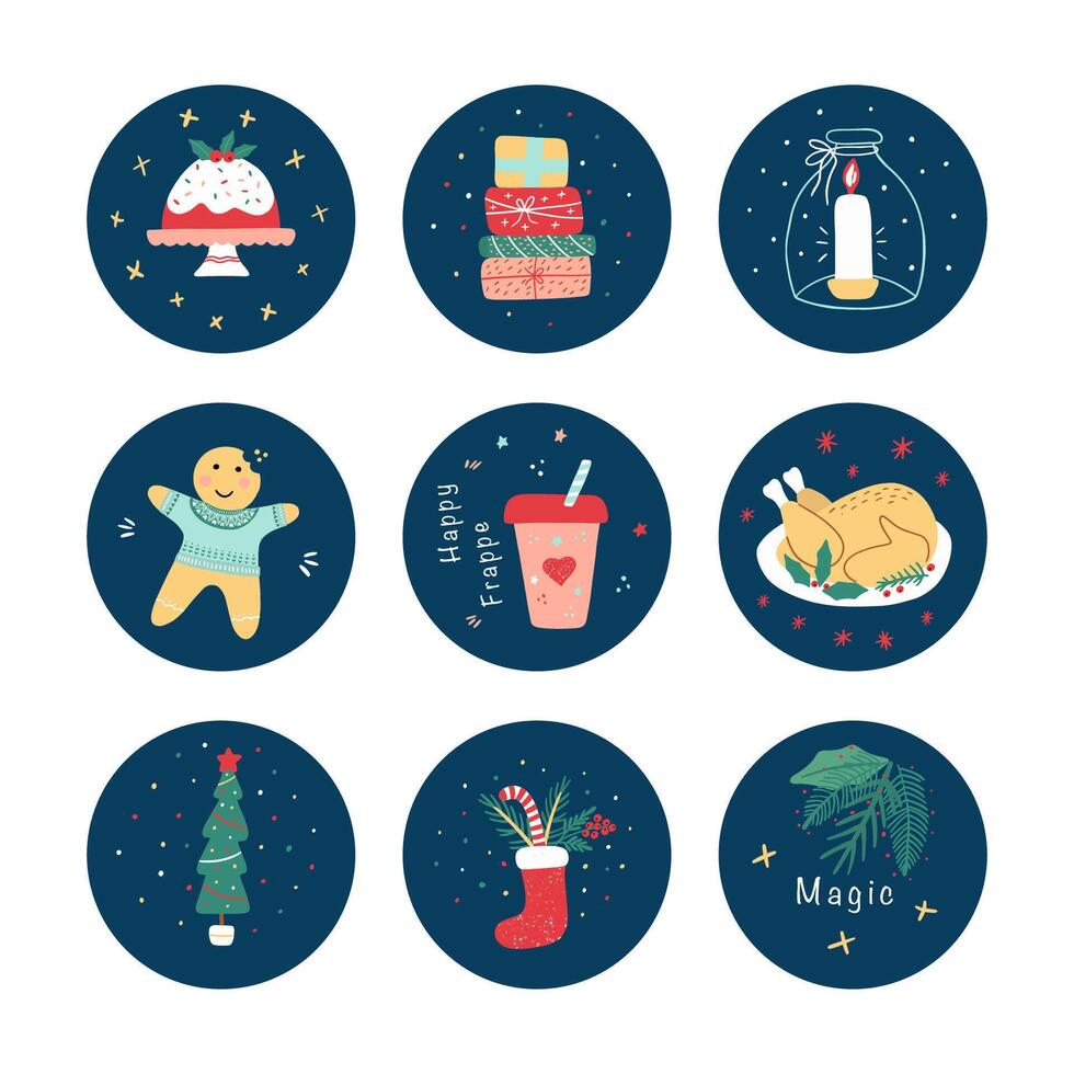 Set of round Christmas stickers for decorating gifts vector