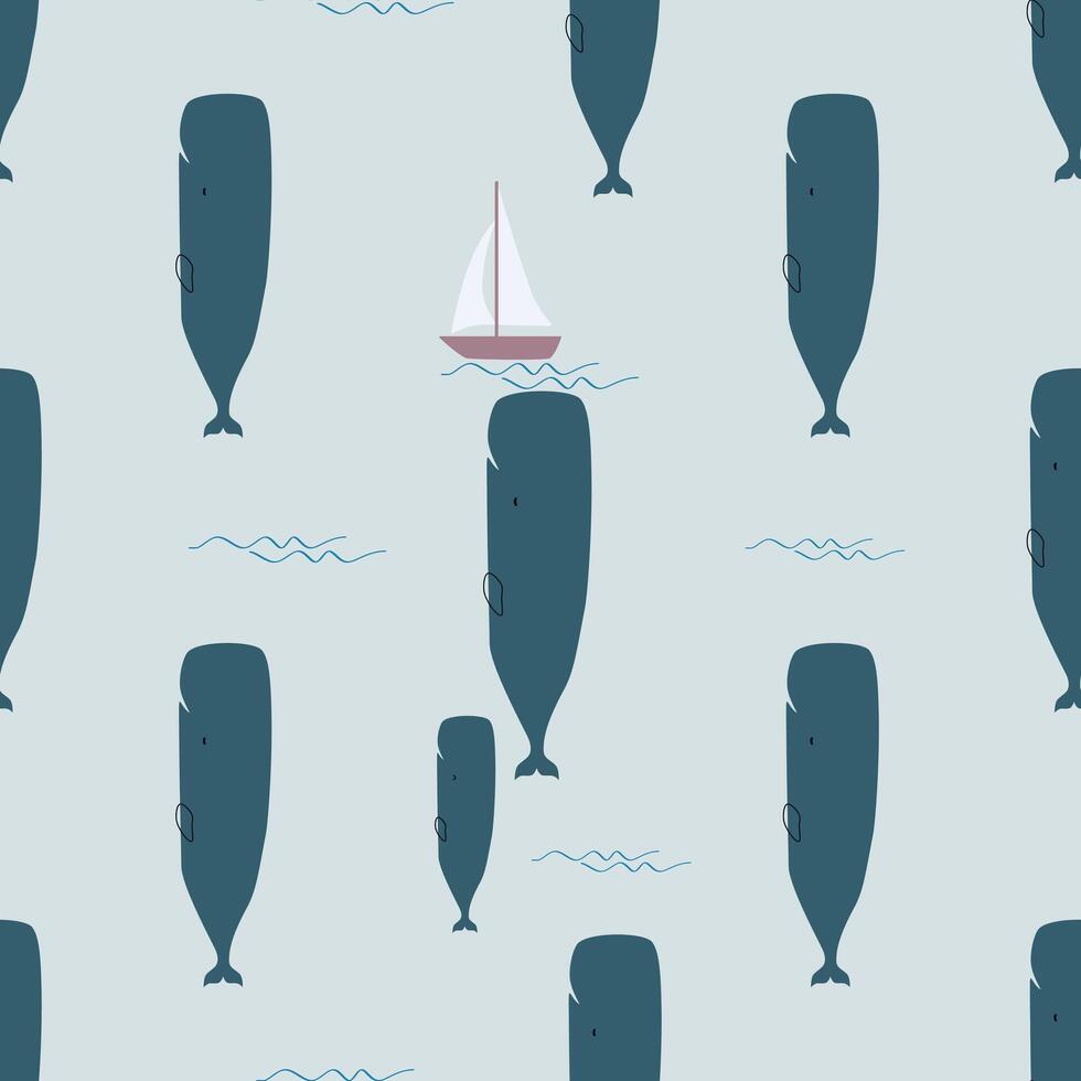 Whale and baby whale in the blue ocean with a boat vector