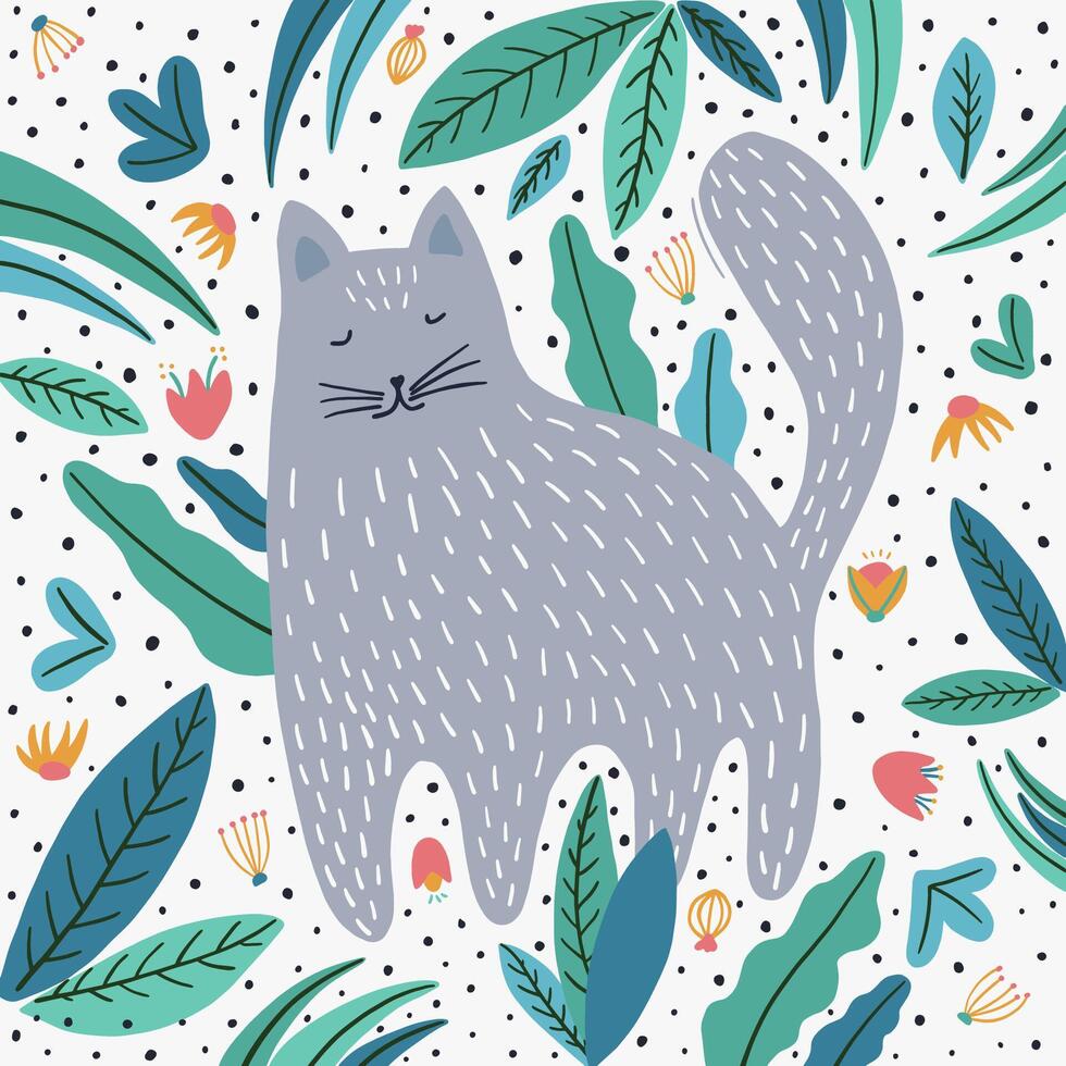 Cute cat and plants hand drawn illustration. vector