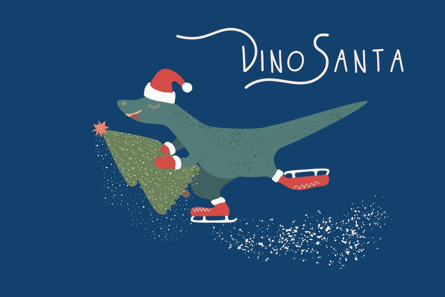 Dinosaur Santa with Christmas tree on background. vector