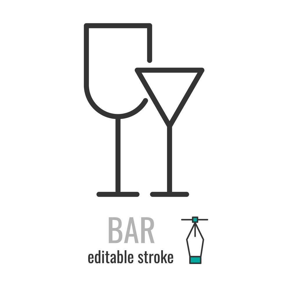 Bar or Pub line icon. Linear style Wine and cocktail Glass symbol. Alcohol drink sign.Editable stroke. Vector graphics illustration EPS 10