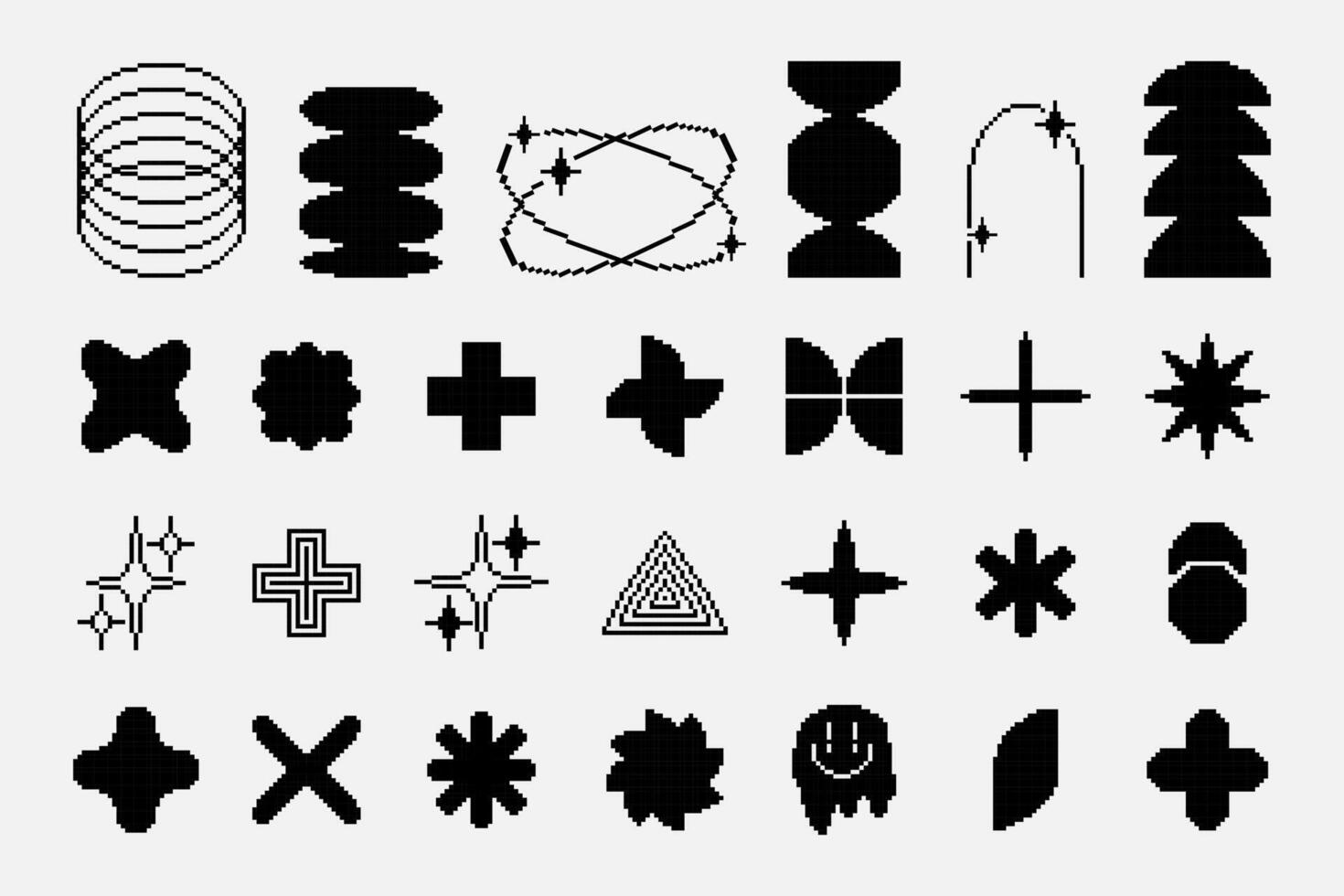 Set of abstract retro geometric shapes pixel art.8-bit, brutal contemporary figure star oval flower and other primitive elements. Black and white monochrome style . Vector illustration EPS 10