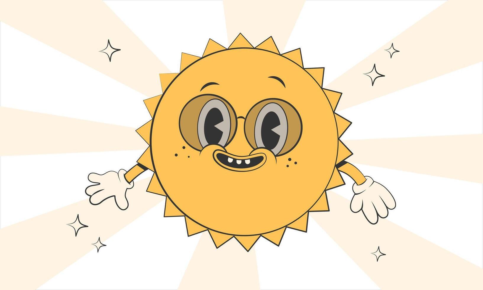 Happy cute Sun planet character with sunglasses.Simple retro cartoon mascot for poster, banner, graphic print.Y2k groovy sunny day, ecology concept. Vector illustration EPS 10