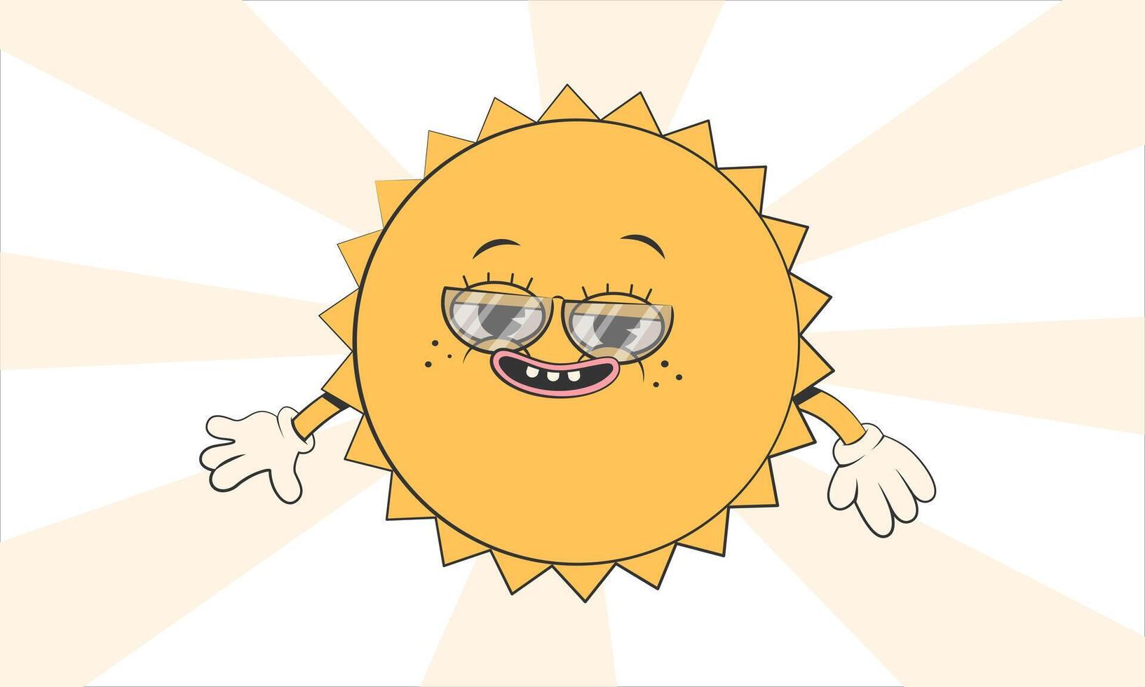 Happy cute Sun planet character with sunglasses.Simple retro cartoon mascot for poster, banner, graphic print.Y2k groovy sunny day, ecology concept. Vector illustration EPS 10