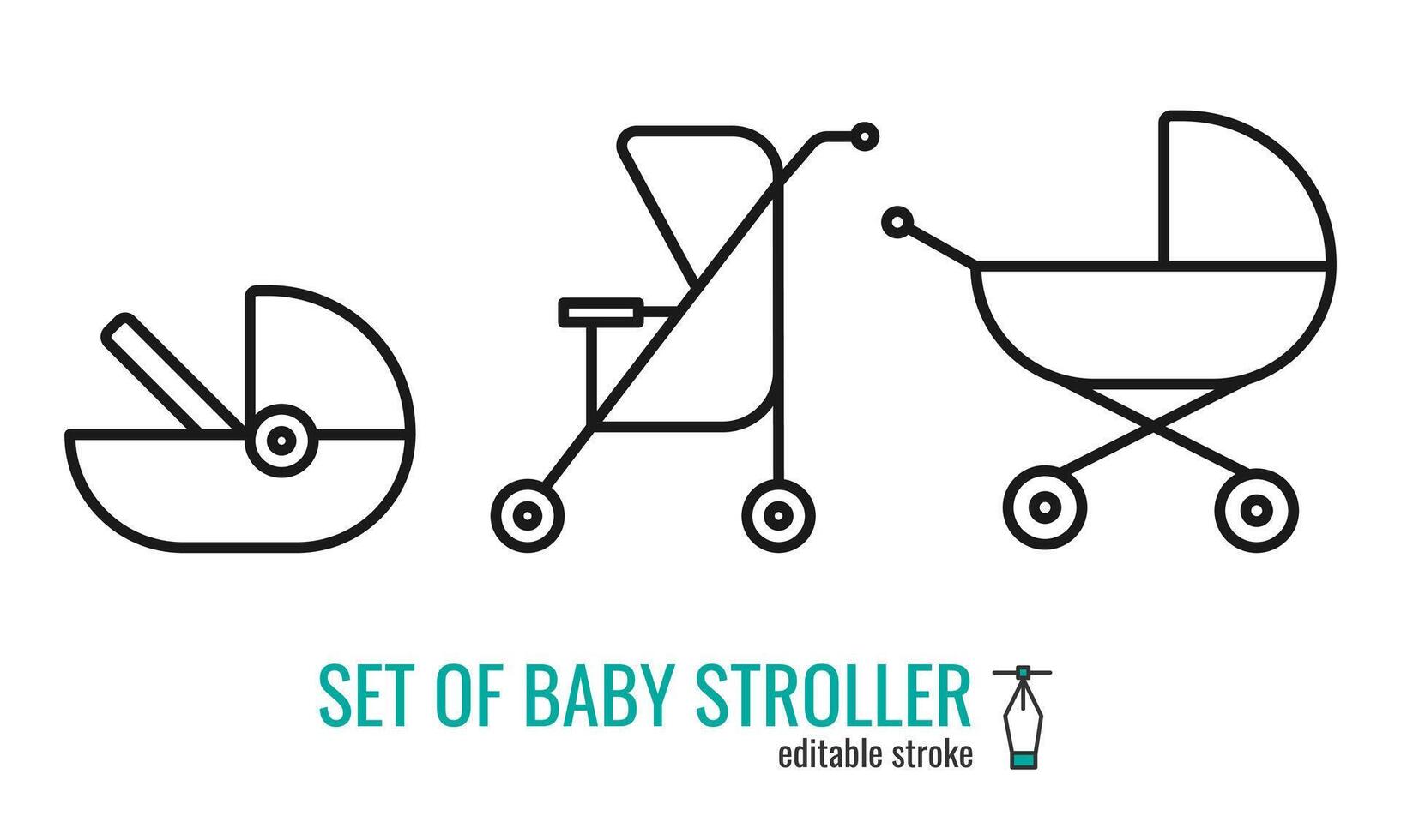 Set of baby stroller line icons. Baby carriage symbol.Pram outline vector icon.Linear style sign for mobile concept and web design. Symbol, logo illustration EPS 10. Editable stroke
