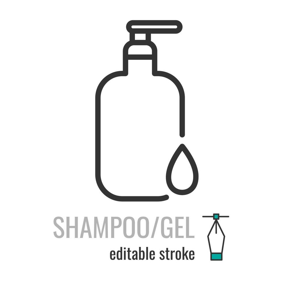 Plastic bottle icon with dispenser pump for liquid soap, gel,lotion,cream, shampoo,bath foam and other cosmetics.Editable Stroke. Vector illustration EPS 10.