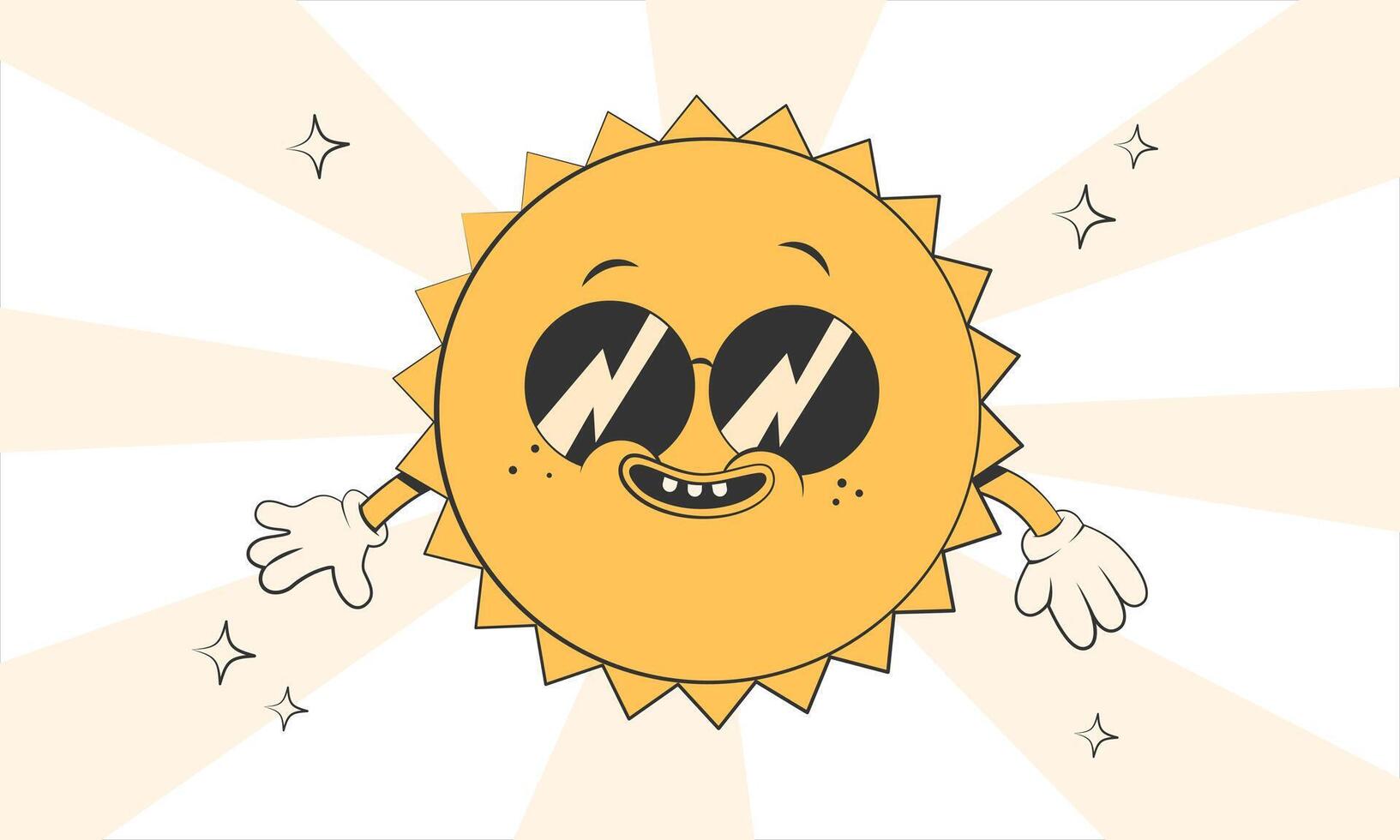 Happy cute Sun planet character with sunglasses.Simple retro cartoon mascot for poster, banner, graphic print.Y2k groovy sunny day, ecology concept. Vector illustration EPS 10